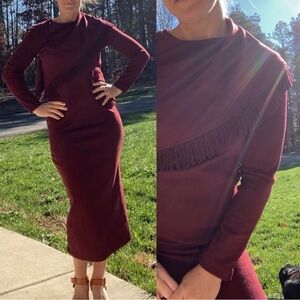 Vintage lennie for Nina Leonard burgundy midi pencil fringe sweater dress